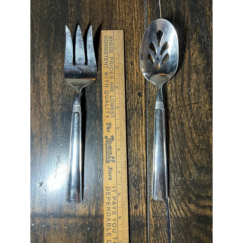 Pfaltzgraff Stainless Steel Serving Set Slotted Spoon & Cold Meat Fork Ribbed